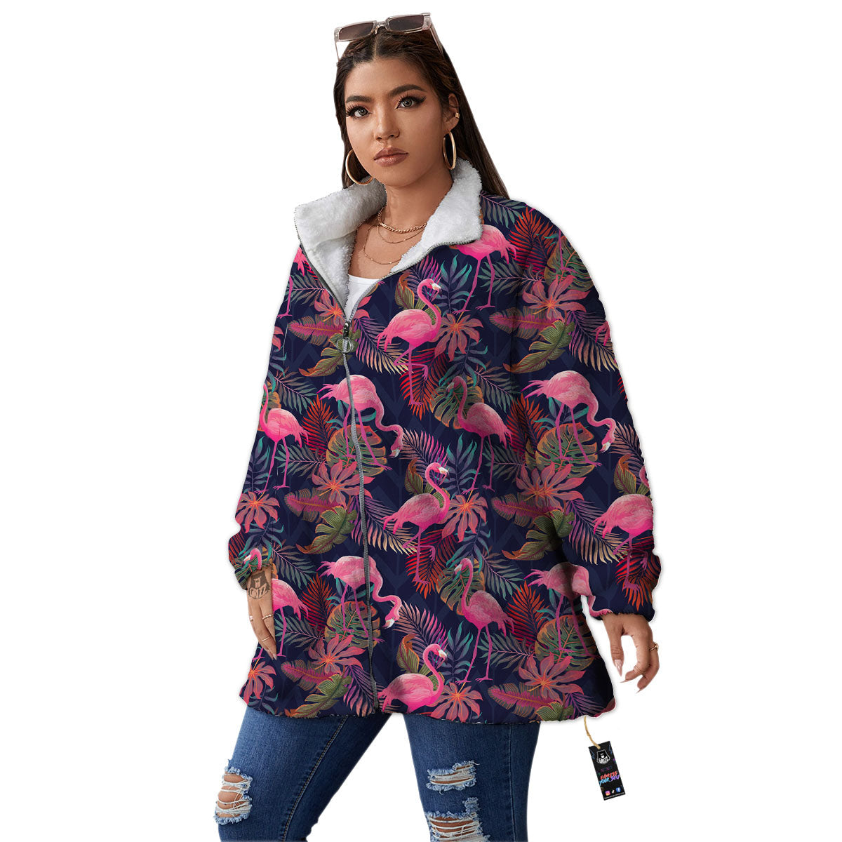 Flamingo Watercolor Print Pattern Women's Sherpa Jacket-grizzshop