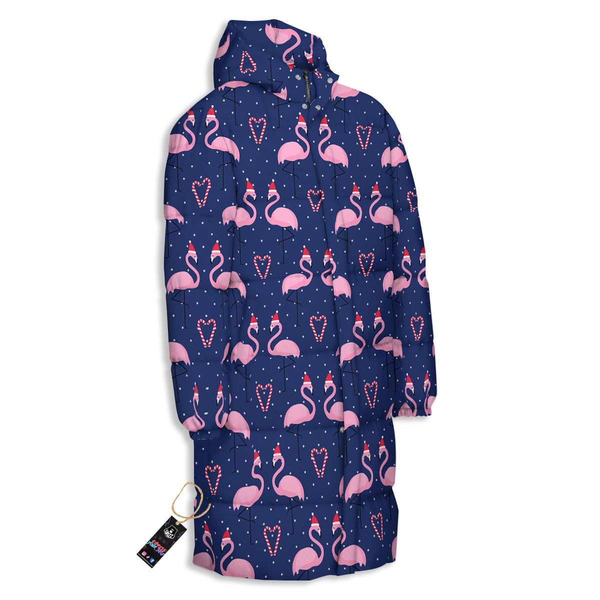 Flamingo Christmas Snowy Print Pattern Long Down Jacket