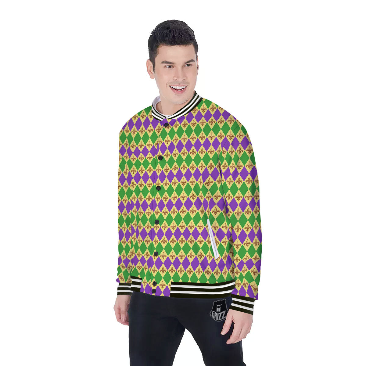 Fleur De Lis Mardi Gras Print Pattern Baseball Jacket-grizzshop
