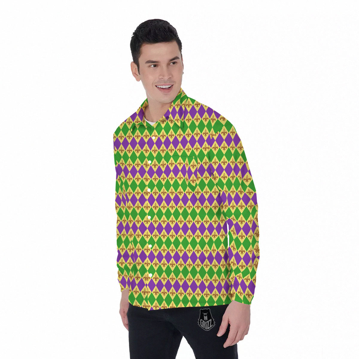 Fleur De Lis Mardi Gras Print Pattern Men's Long Sleeve Shirts-grizzshop