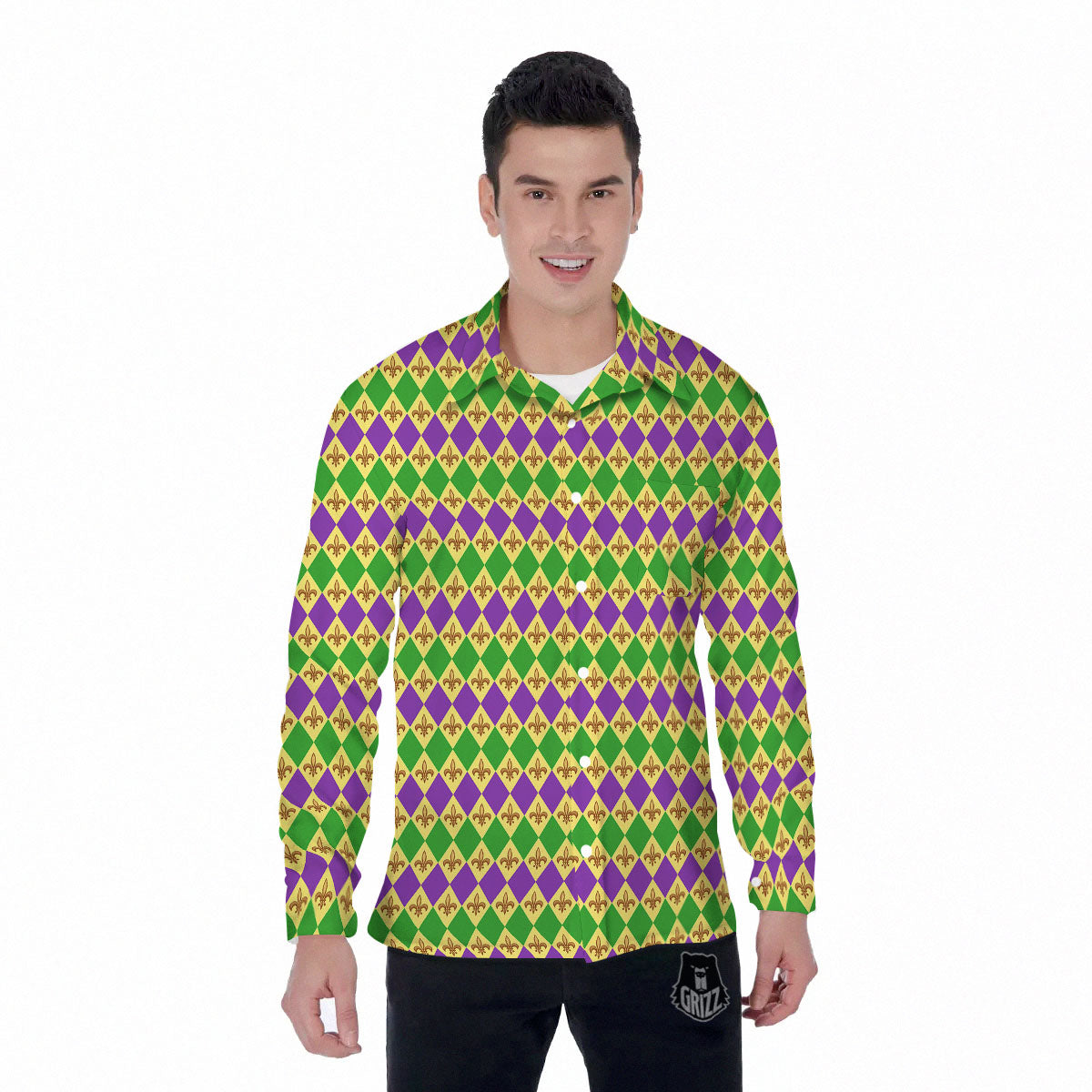 Fleur De Lis Mardi Gras Print Pattern Men's Long Sleeve Shirts-grizzshop
