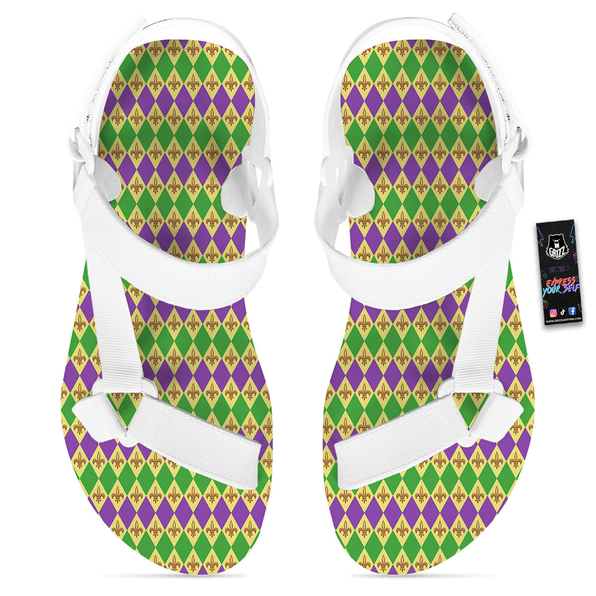 Fleur De Lis Mardi Gras Print Pattern White Open Toe Sandals-grizzshop