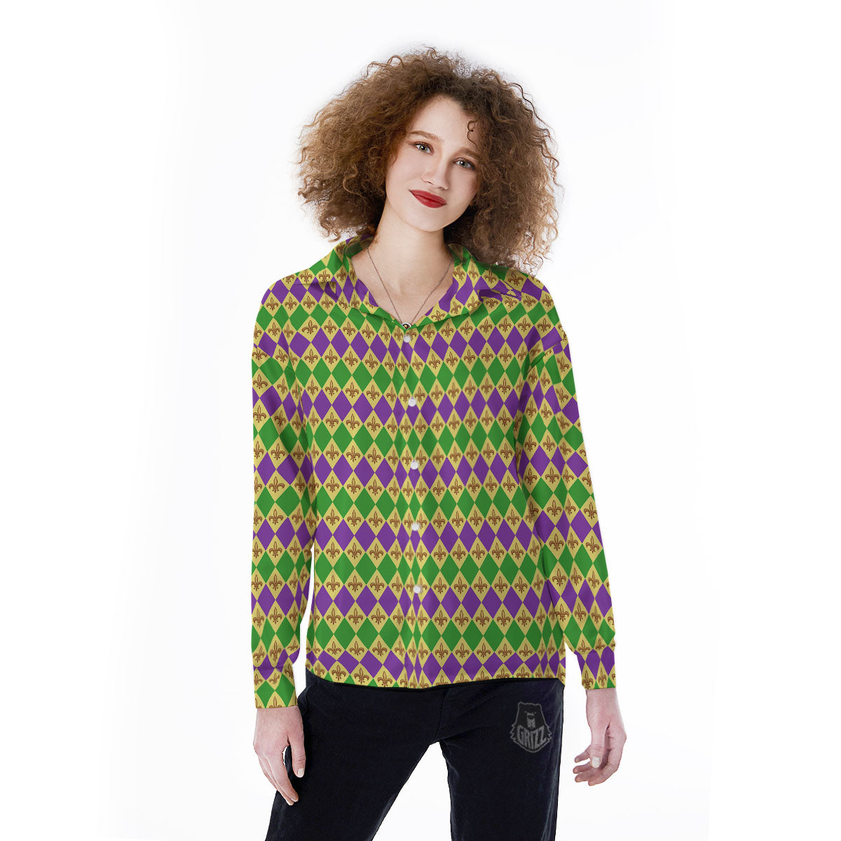Fleur De Lis Mardi Gras Print Pattern Women's Long Sleeve Shirts-grizzshop