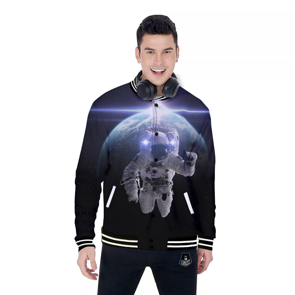 Floating Astronaut In Outer Space Print Baseball Jacket-grizzshop