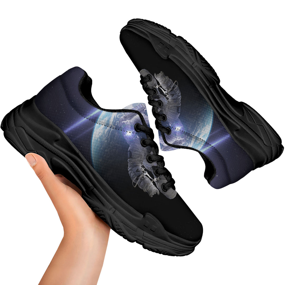Floating Astronaut In Outer Space Print Black Chunky Shoes-grizzshop