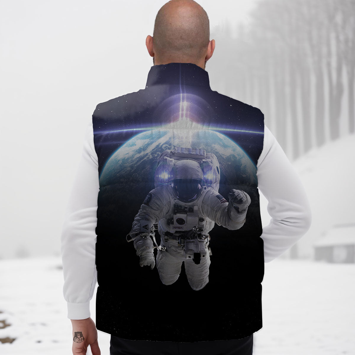 Floating Astronaut In Outer Space Print Down Vest
