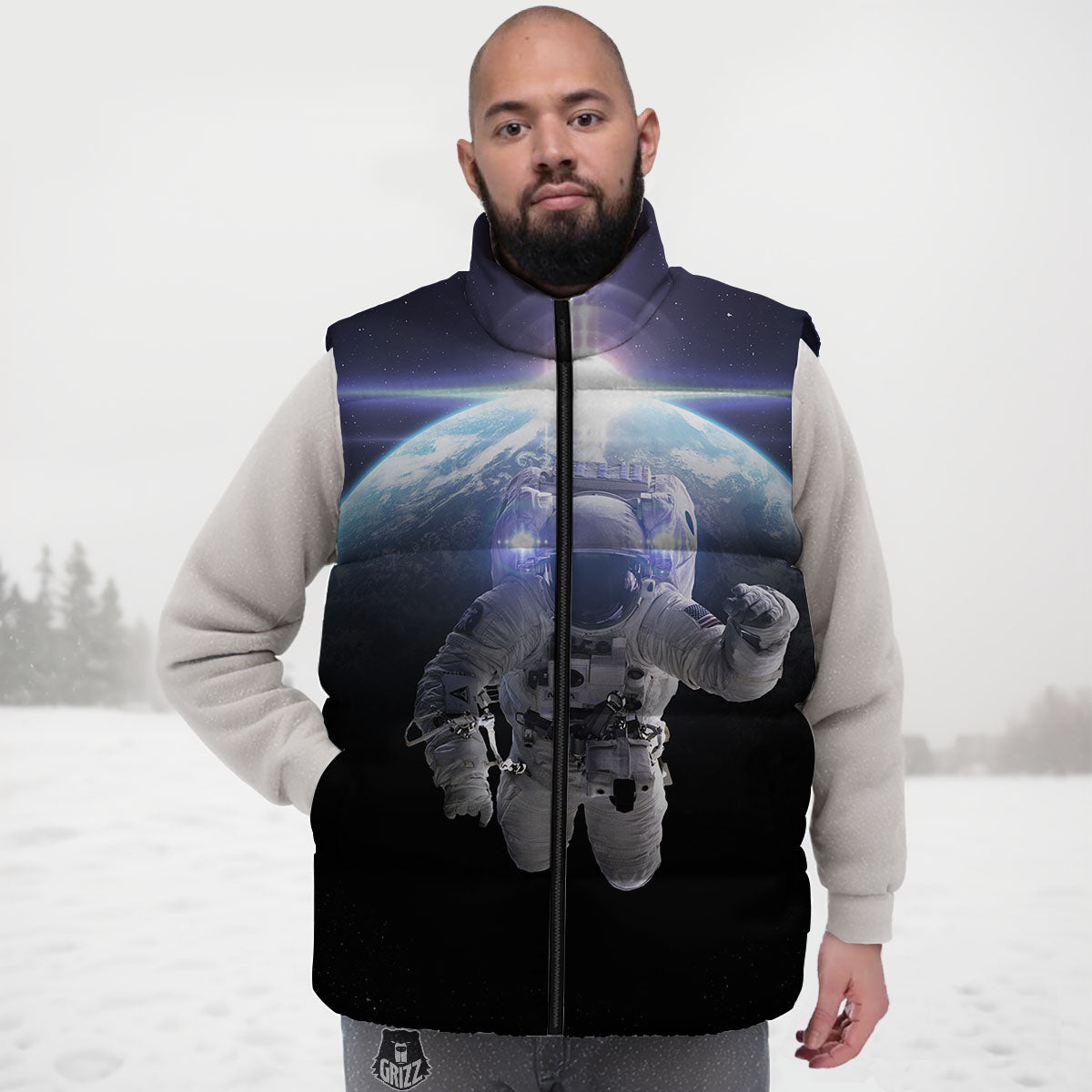 Floating Astronaut In Outer Space Print Down Vest