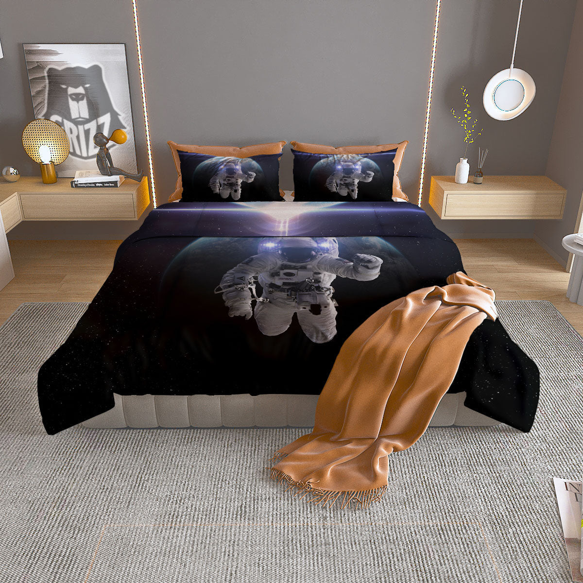 Floating Astronaut In Outer Space Print Duvet Cover Bedding Set