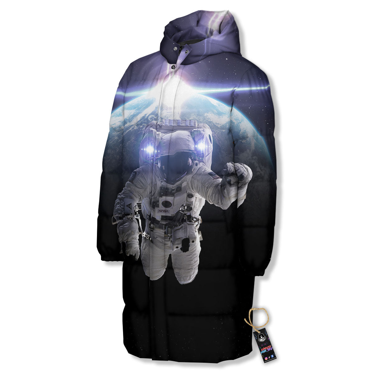 Floating Astronaut In Outer Space Print Long Down Jacket-grizzshop