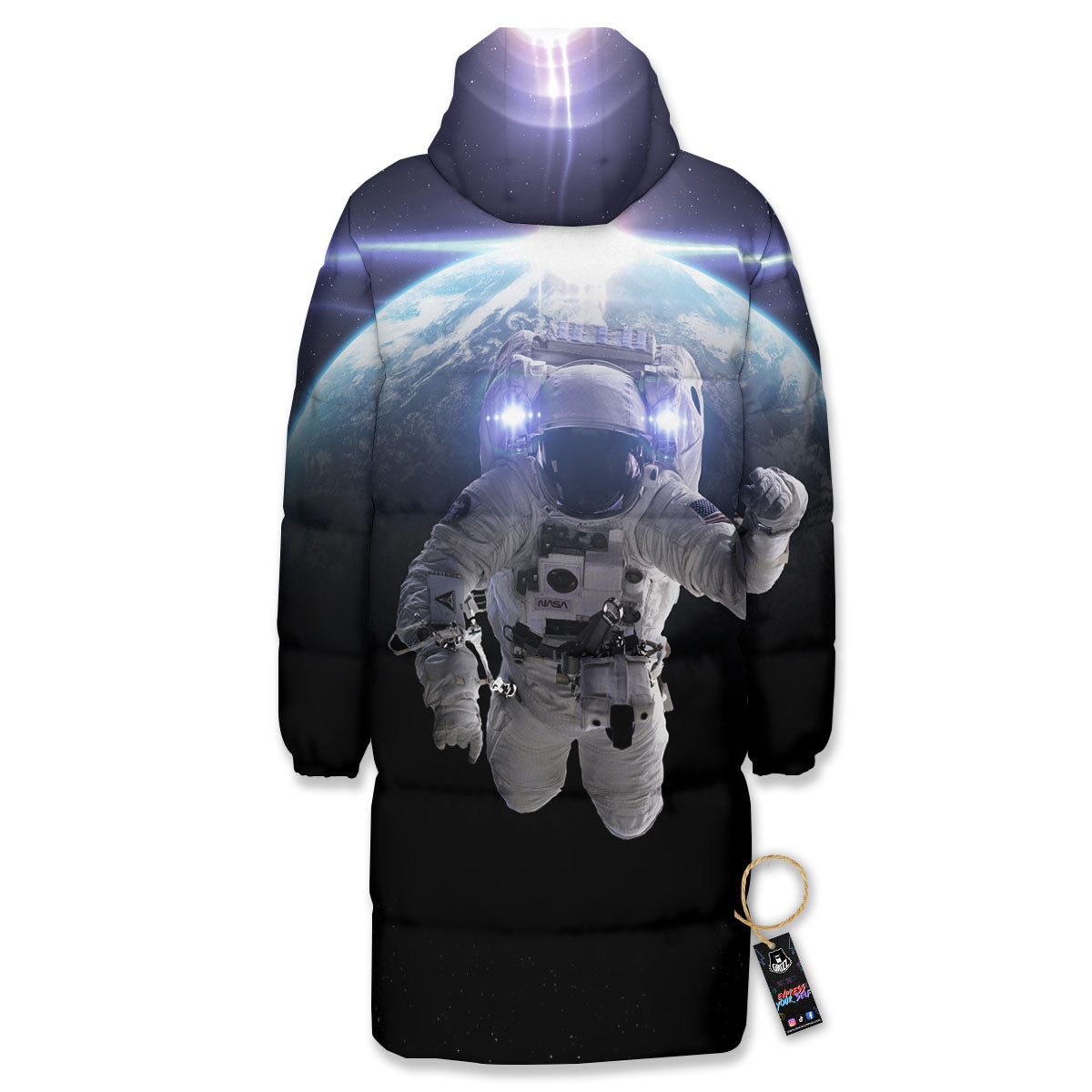 Floating Astronaut In Outer Space Print Long Down Jacket-grizzshop
