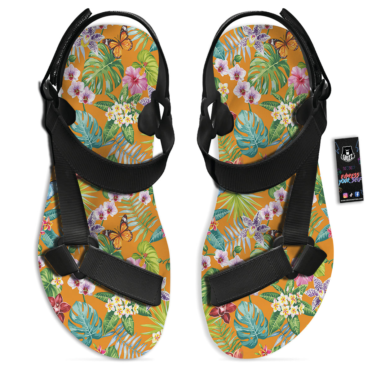Floral Aloha Hawaii Print Pattern Black Open Toe Sandals-grizzshop