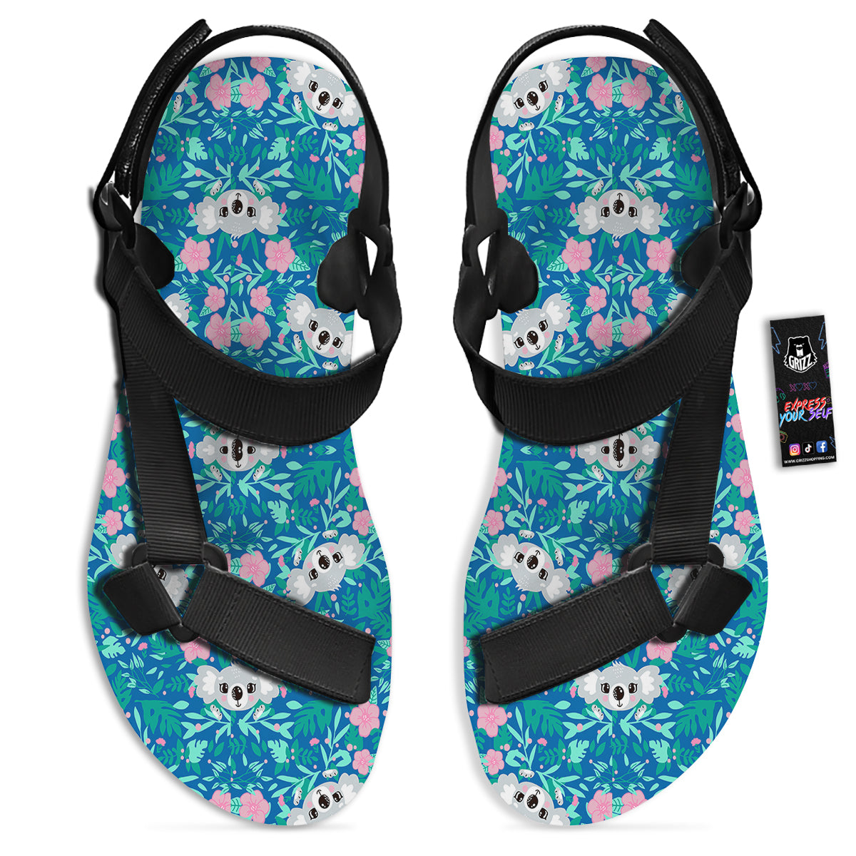 Floral And Baby Koala Print Pattern Black Open Toe Sandals-grizzshop