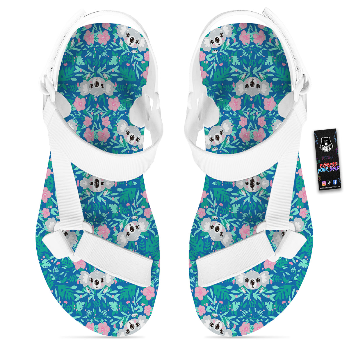 Floral And Baby Koala Print Pattern White Open Toe Sandals-grizzshop