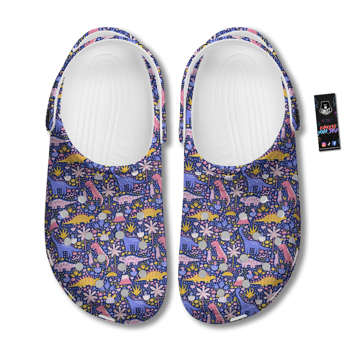 Floral And Cute Dinosaur Print Pattern Clog-grizzshop