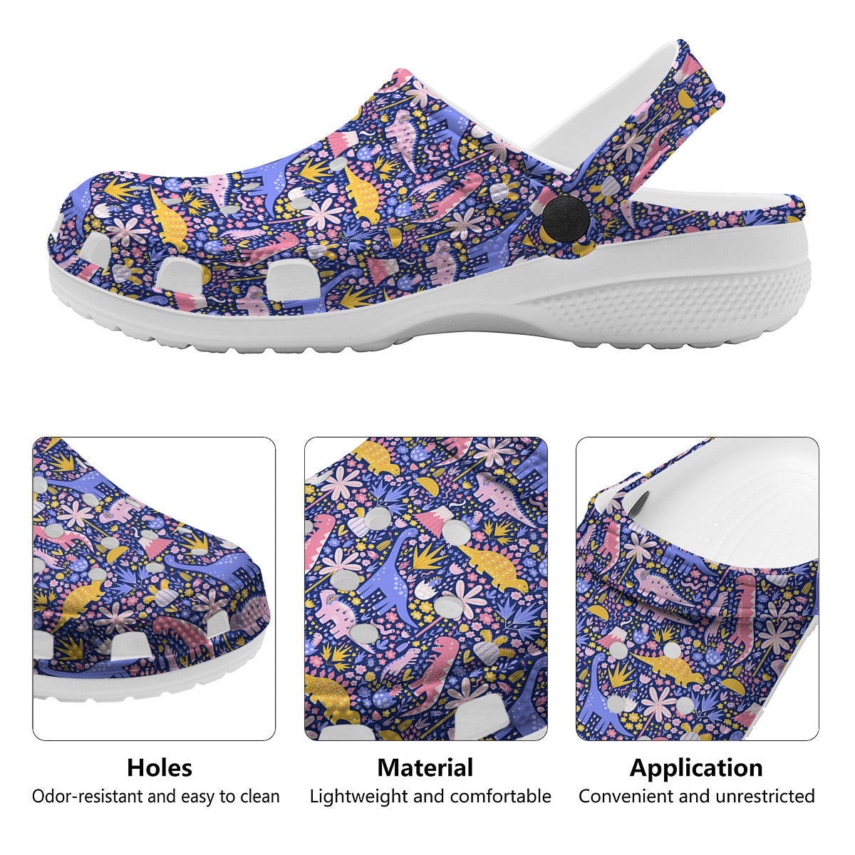Floral And Cute Dinosaur Print Pattern Clog-grizzshop