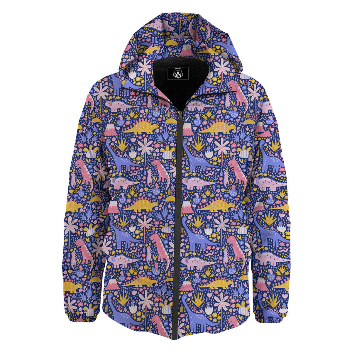 Floral And Cute Dinosaur Print Pattern Down Jacket-grizzshop