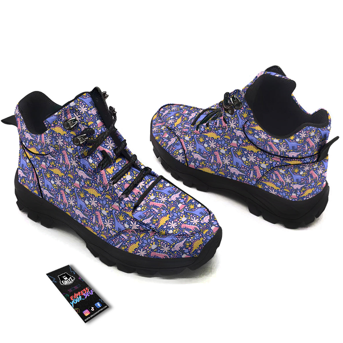 Floral And Cute Dinosaur Print Pattern Hiking Shoes-grizzshop