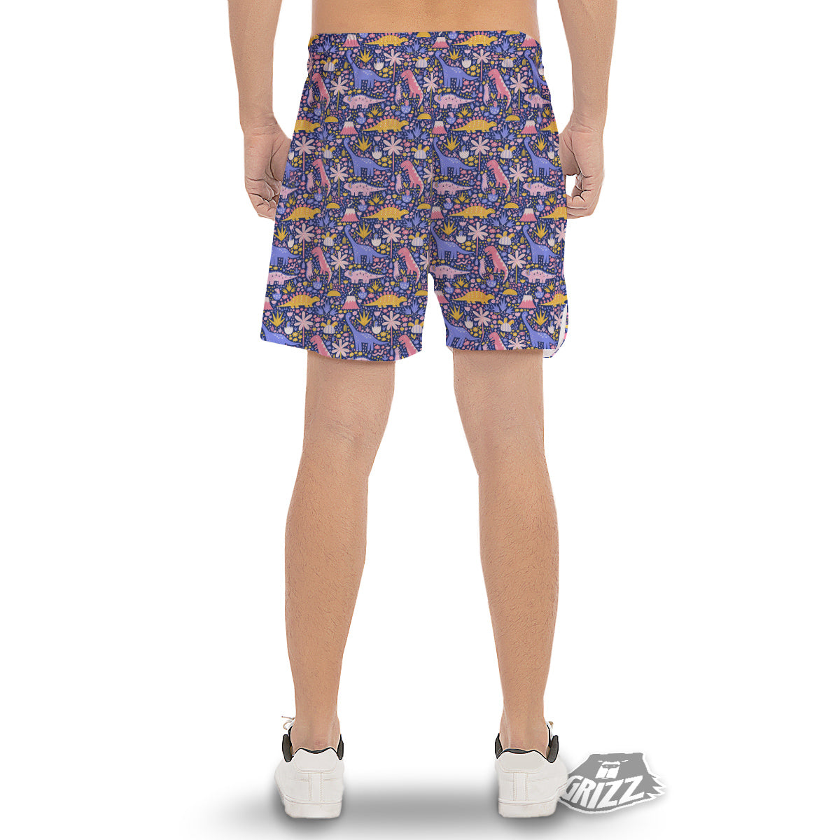 Floral And Cute Dinosaur Print Pattern Men's Gym Shorts-grizzshop