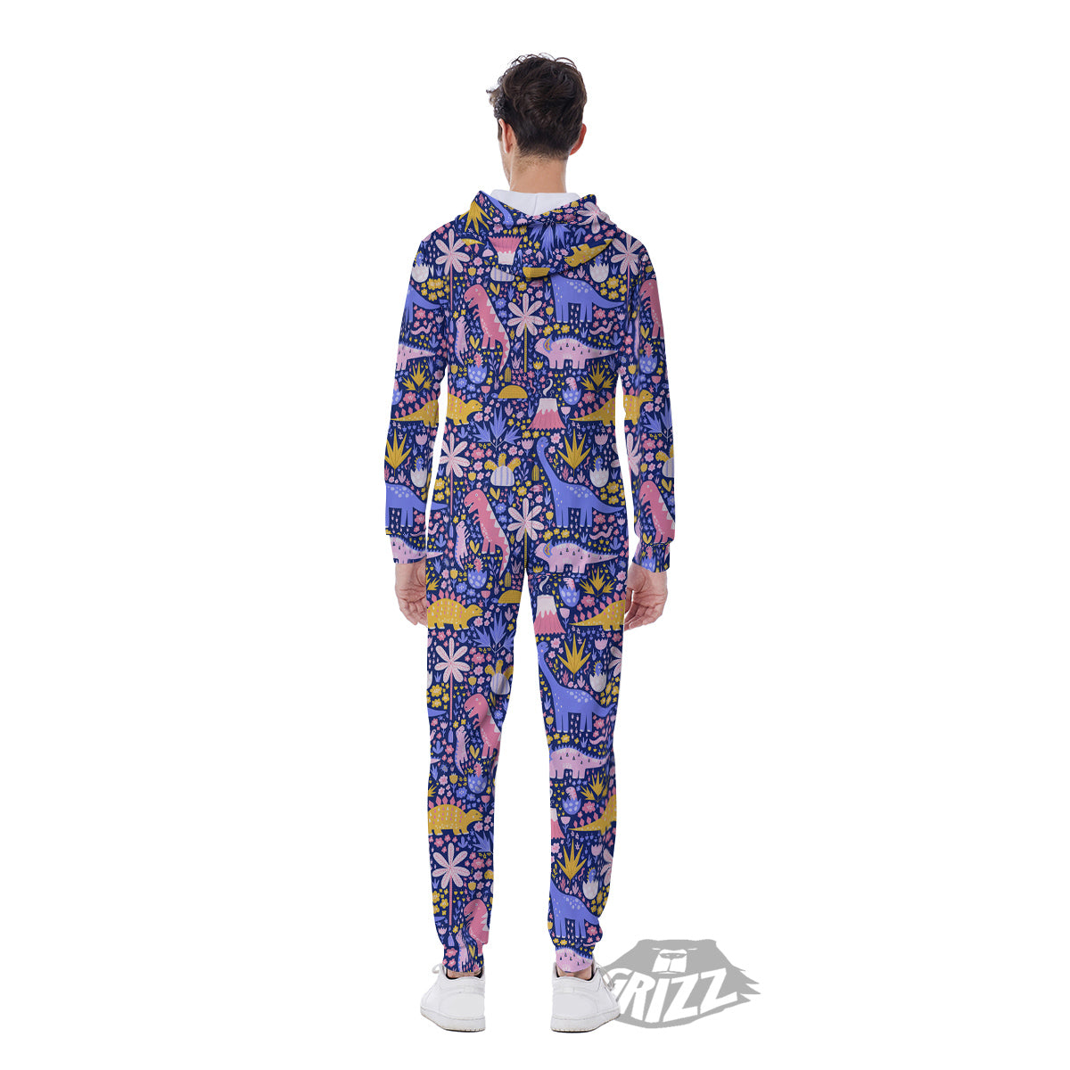 Floral And Cute Dinosaur Print Pattern Men's Jumpsuit-grizzshop