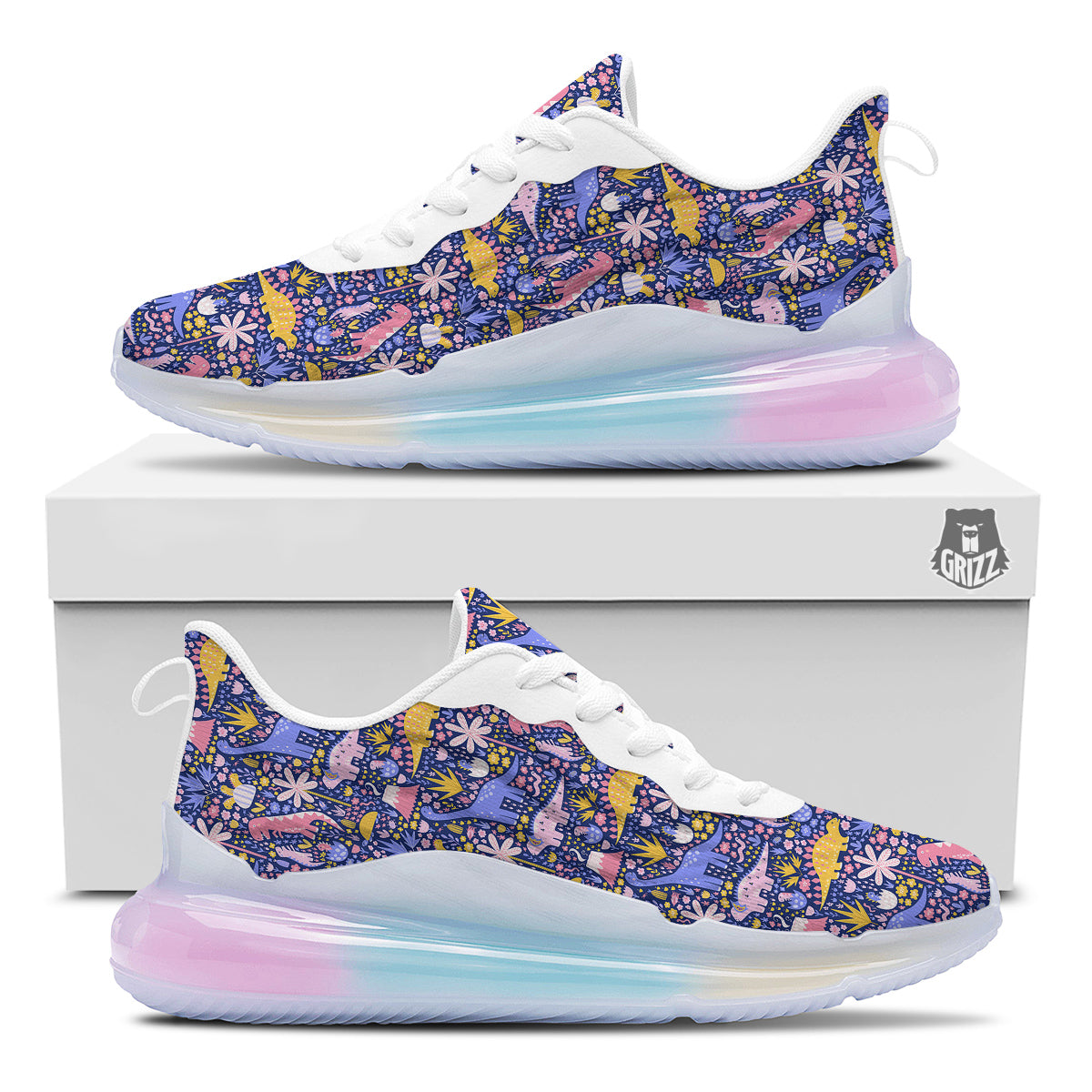 Floral And Cute Dinosaur Print Pattern Running Sneakers-grizzshop