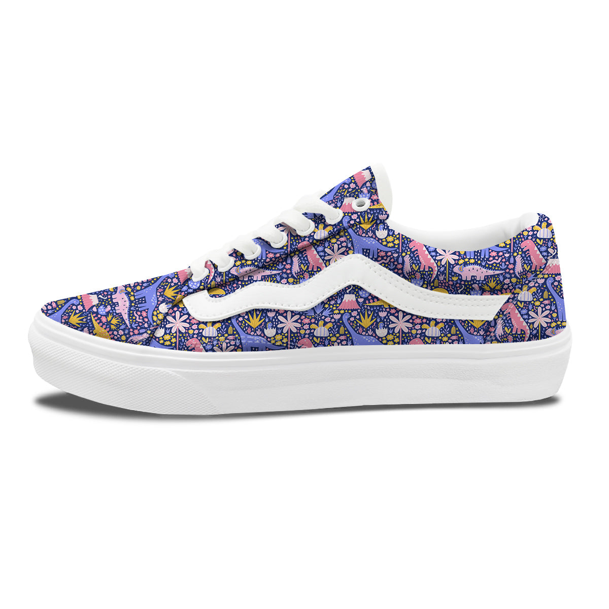 Floral And Cute Dinosaur Print Pattern Skate Shoes-grizzshop