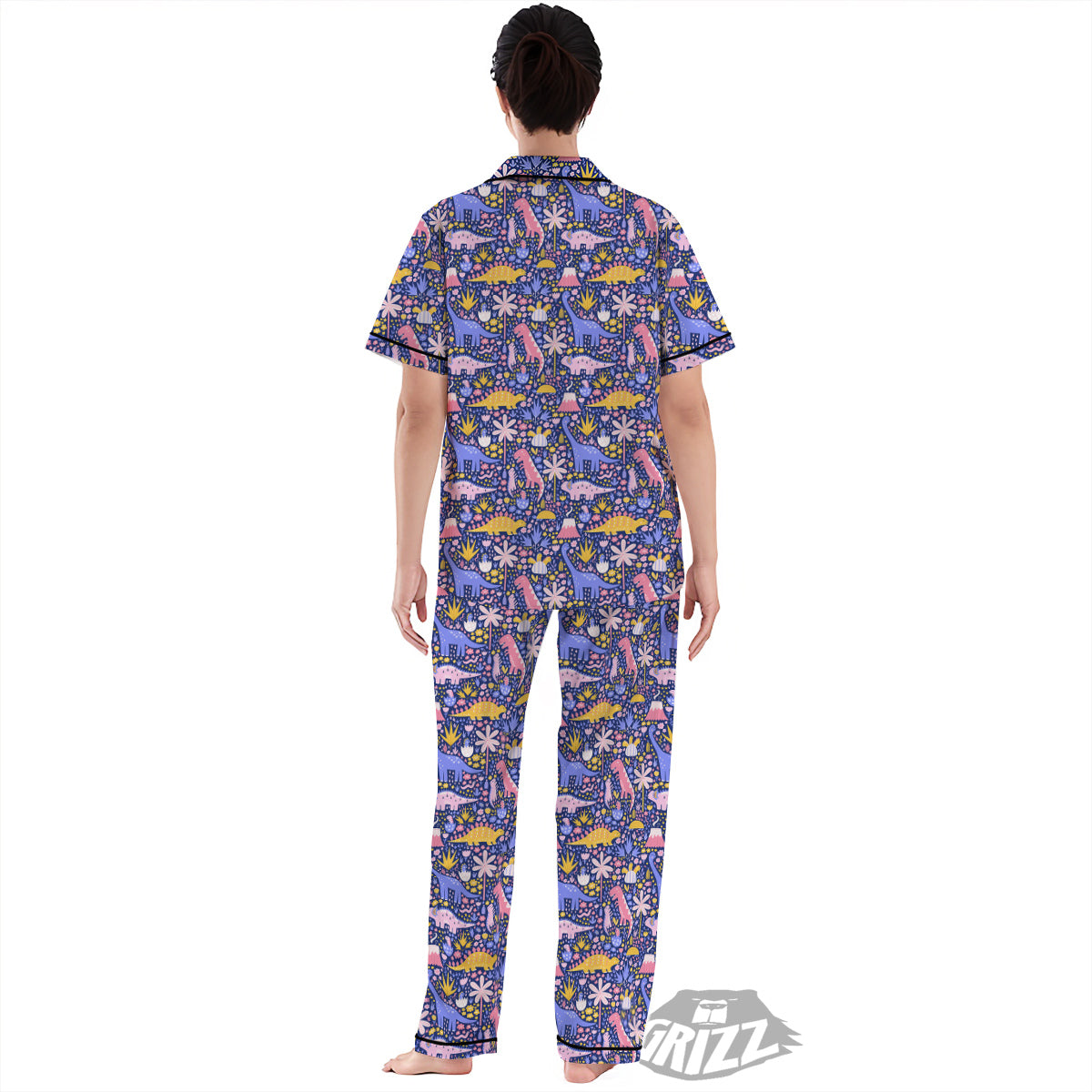 Floral And Cute Dinosaur Print Pattern Women's Pajamas Set-grizzshop
