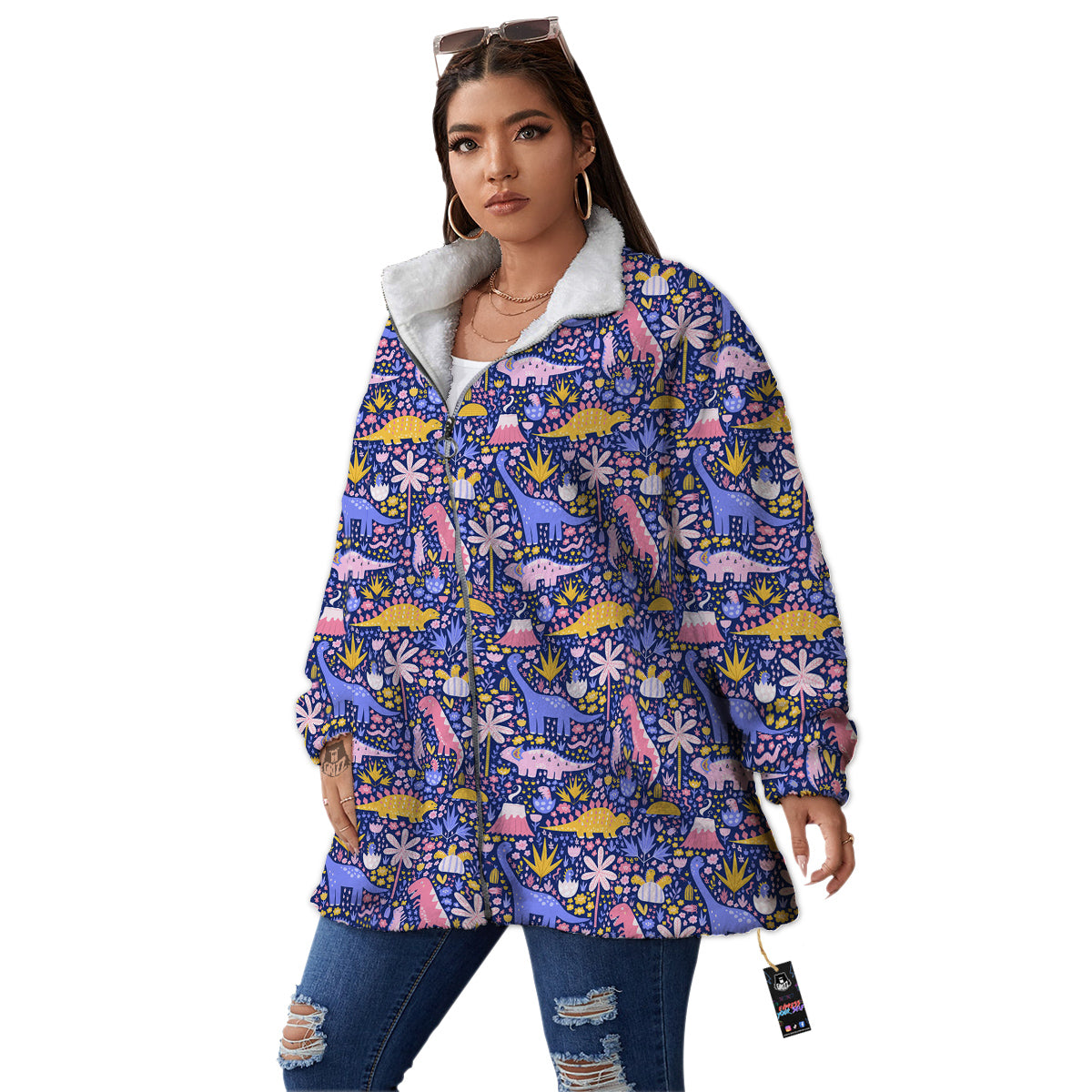 Floral And Cute Dinosaur Print Pattern Women's Sherpa Jacket-grizzshop