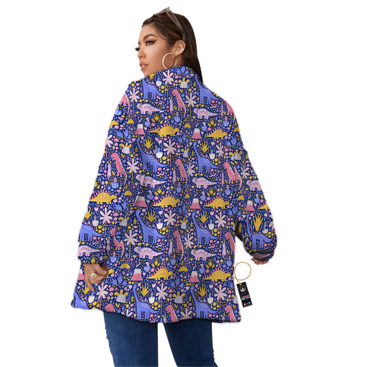 Floral And Cute Dinosaur Print Pattern Women's Sherpa Jacket-grizzshop