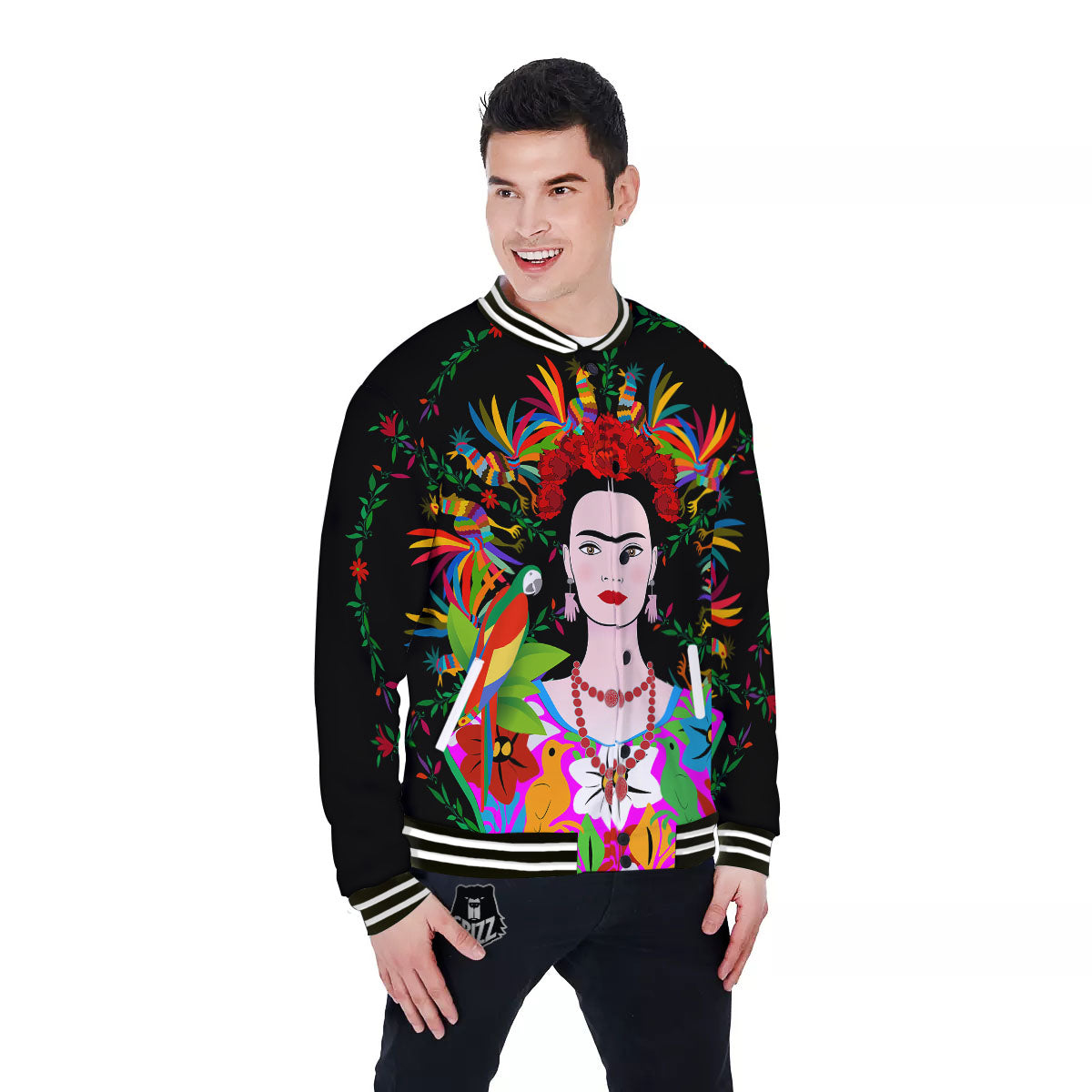 Floral And Frida Kahlo Print Baseball Jacket-grizzshop