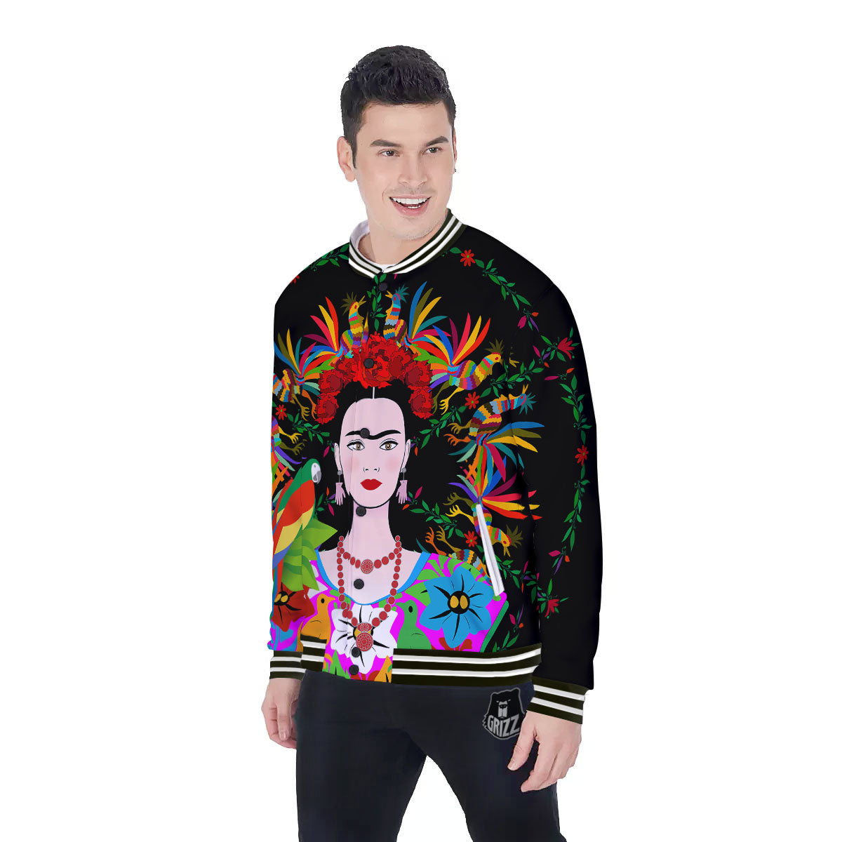 Floral And Frida Kahlo Print Baseball Jacket-grizzshop