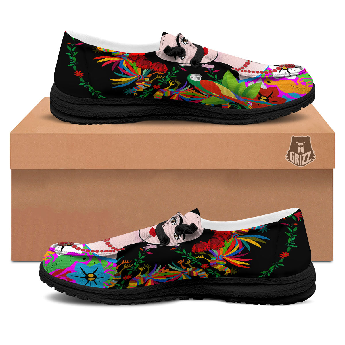 Floral And Frida Kahlo Print Black Loafers-grizzshop