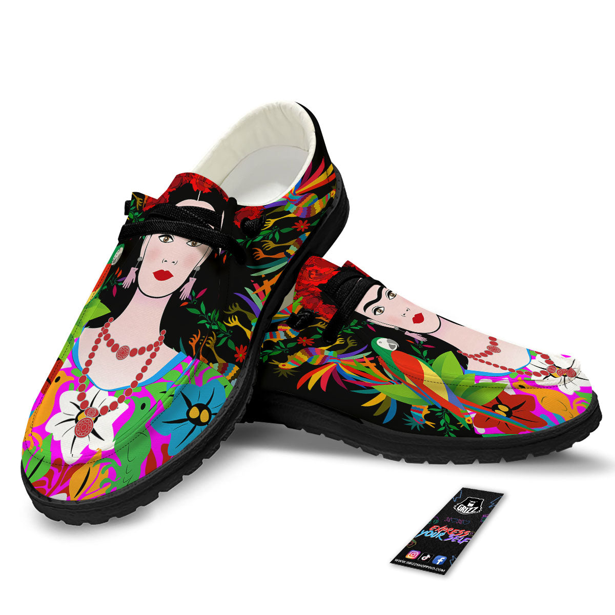 Floral And Frida Kahlo Print Black Loafers-grizzshop