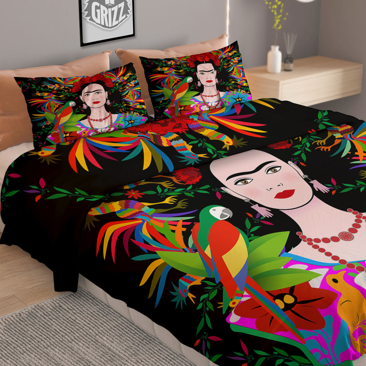 Floral And Frida Kahlo Print Duvet Cover Bedding Set