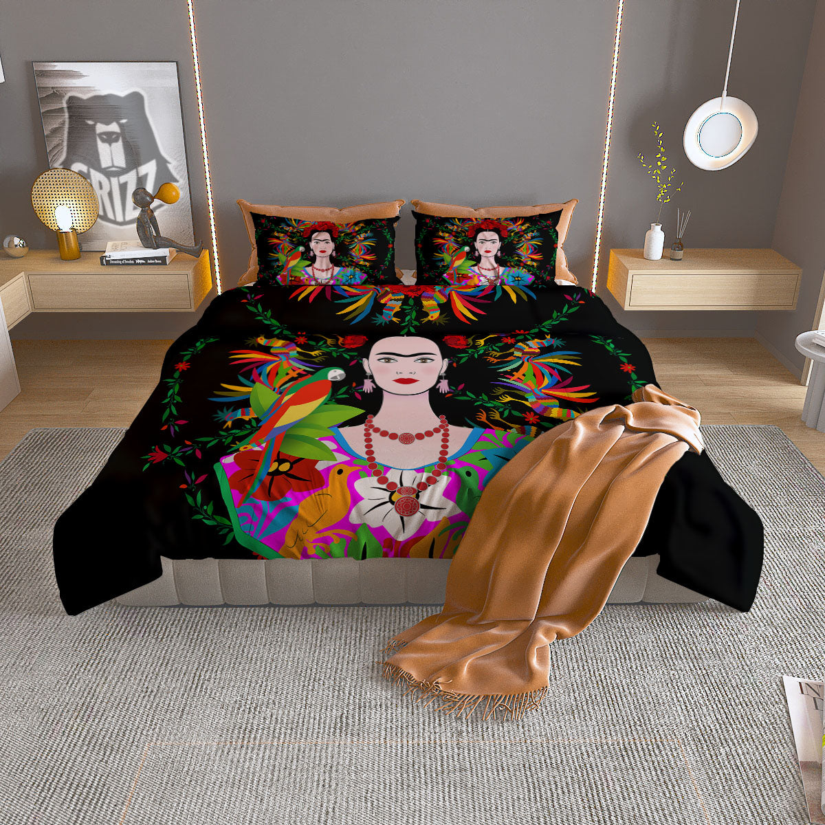 Floral And Frida Kahlo Print Duvet Cover Bedding Set