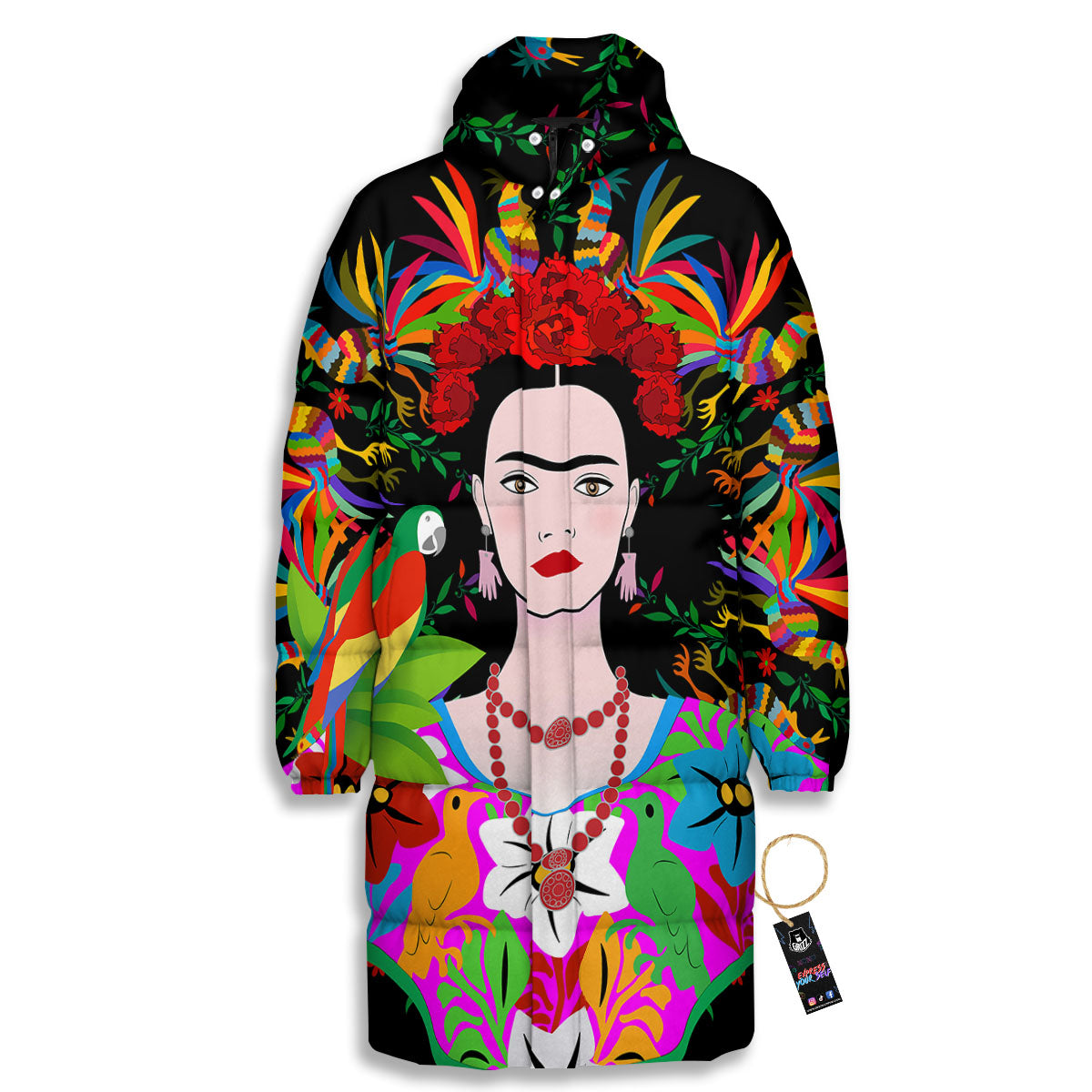 Floral And Frida Kahlo Print Long Down Jacket-grizzshop
