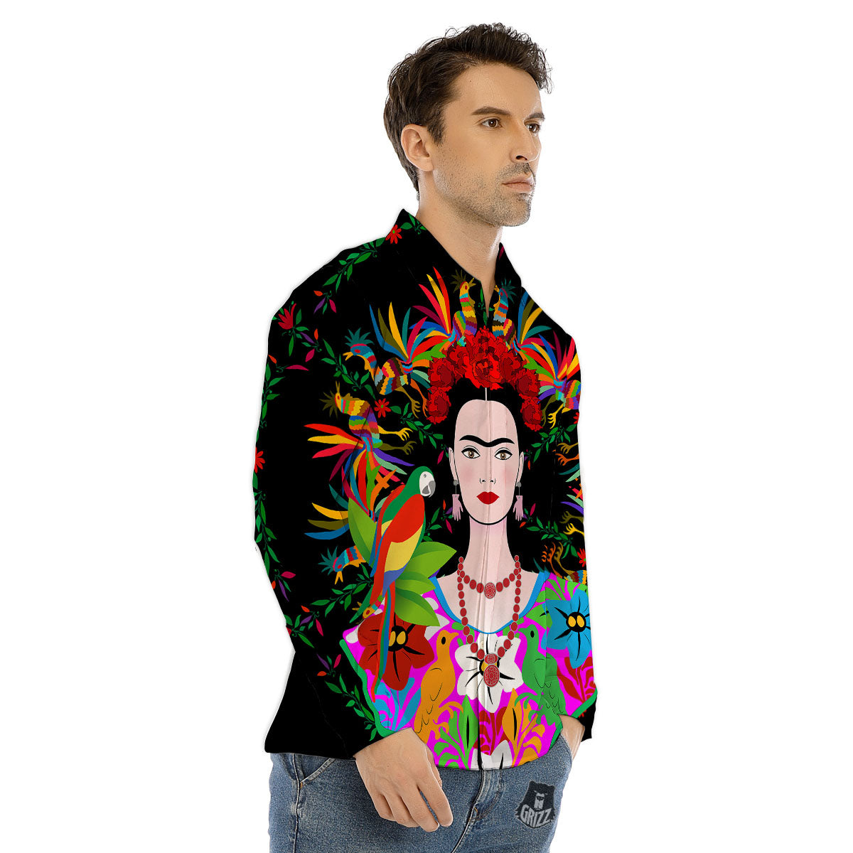 Floral And Frida Kahlo Print Men's Dress Shirts-grizzshop