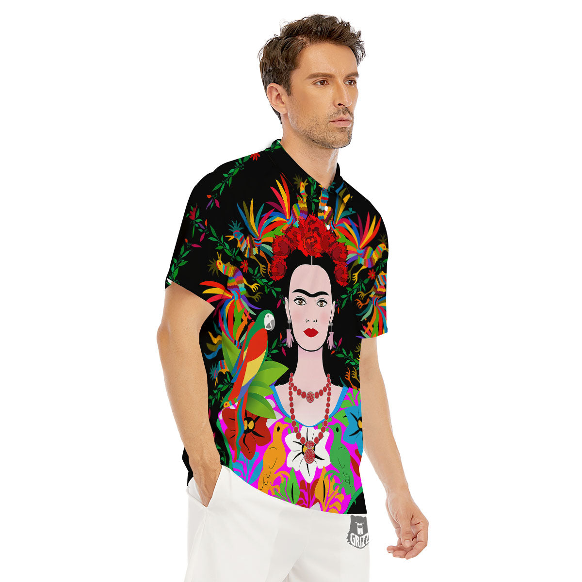Floral And Frida Kahlo Print Men's Golf Shirts-grizzshop