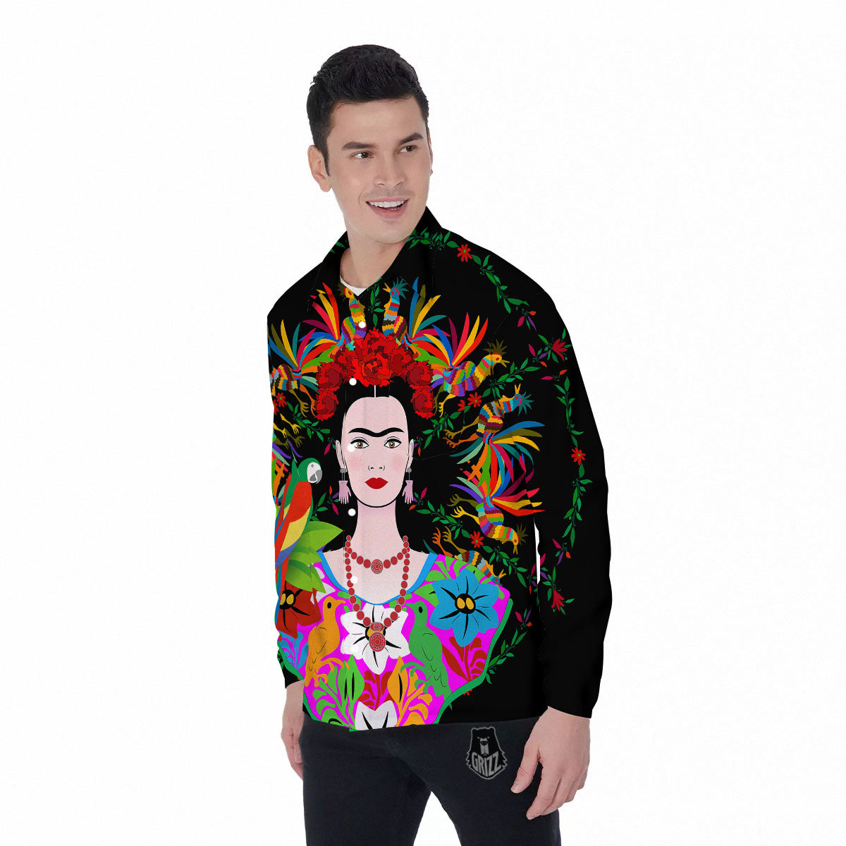 Floral And Frida Kahlo Print Men's Long Sleeve Shirts-grizzshop