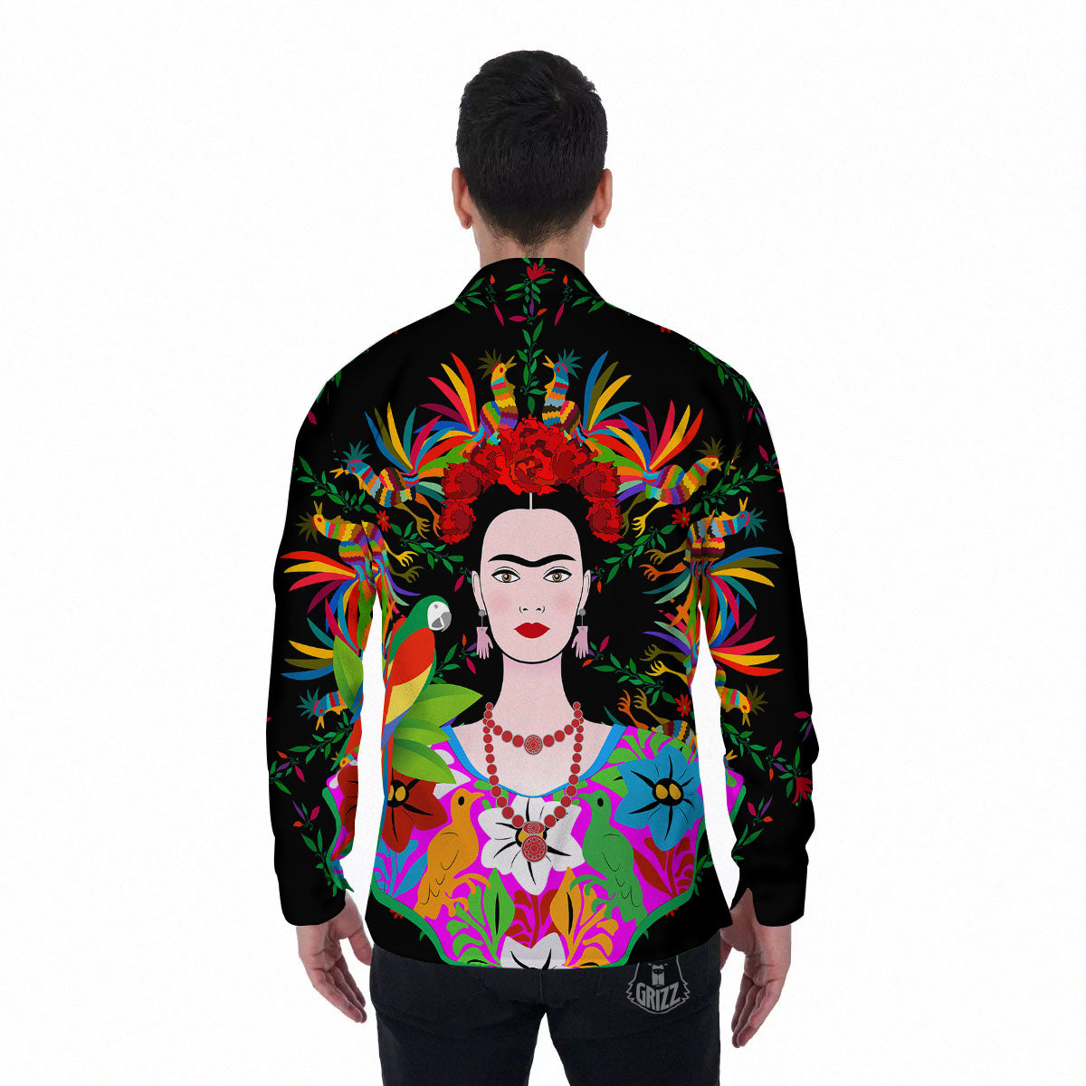 Floral And Frida Kahlo Print Men's Long Sleeve Shirts-grizzshop