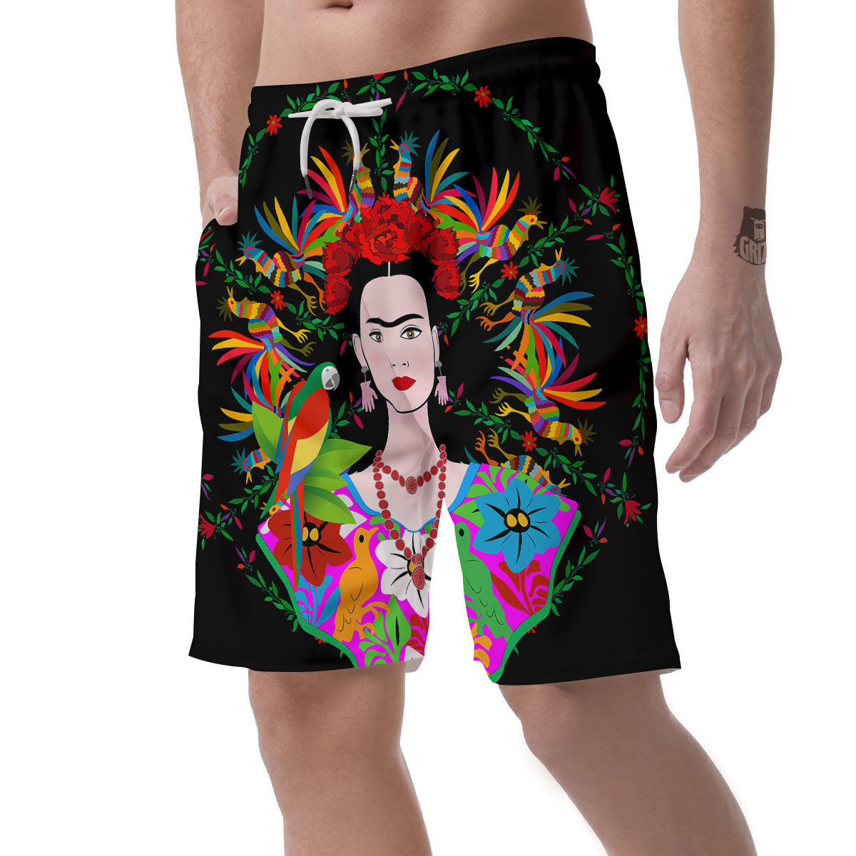 Floral And Frida Kahlo Print Men's Shorts-grizzshop