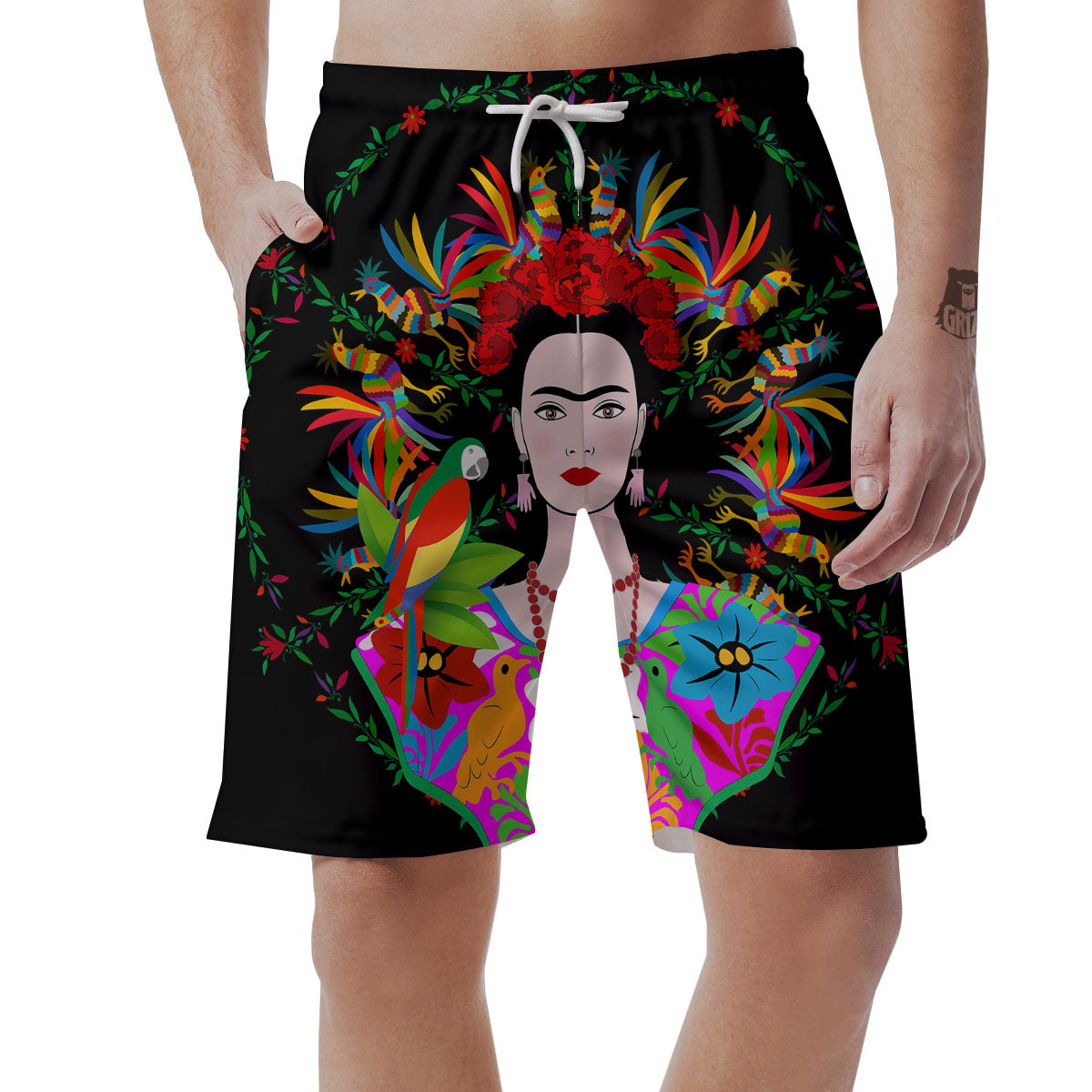 Floral And Frida Kahlo Print Men's Shorts-grizzshop