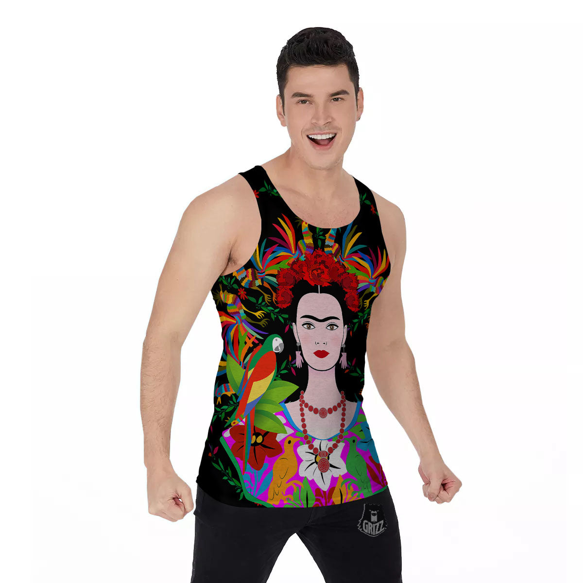 Floral And Frida Kahlo Print Men's Tank Top-grizzshop