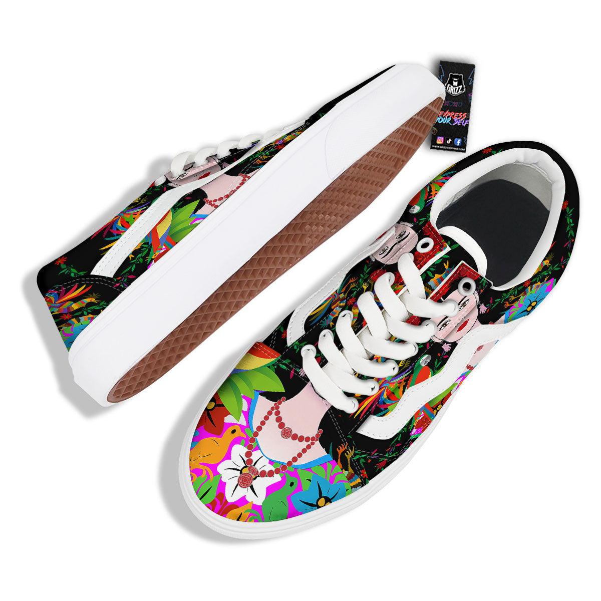 Floral And Frida Kahlo Print Skate Shoes-grizzshop