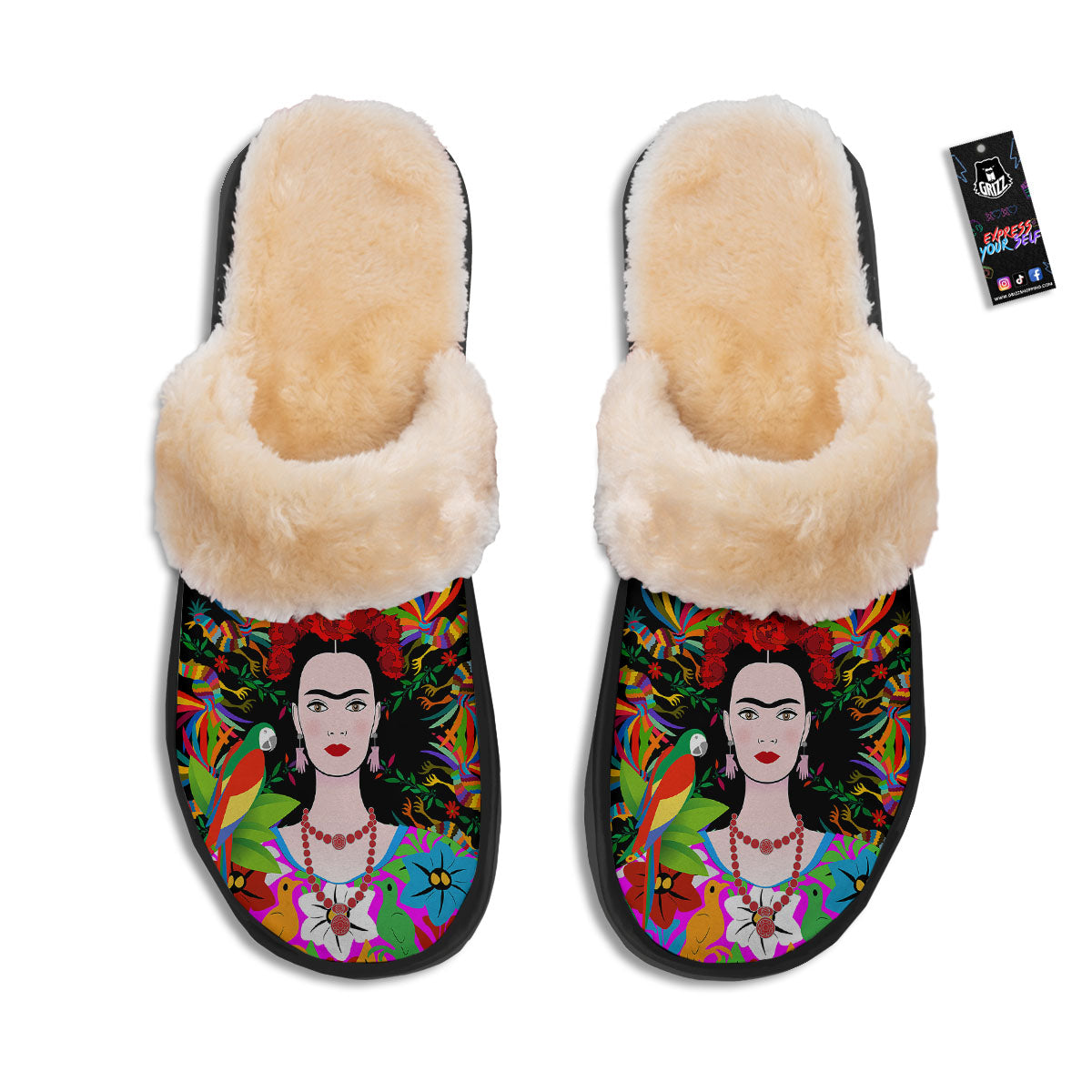 Floral And Frida Kahlo Print Slippers-grizzshop