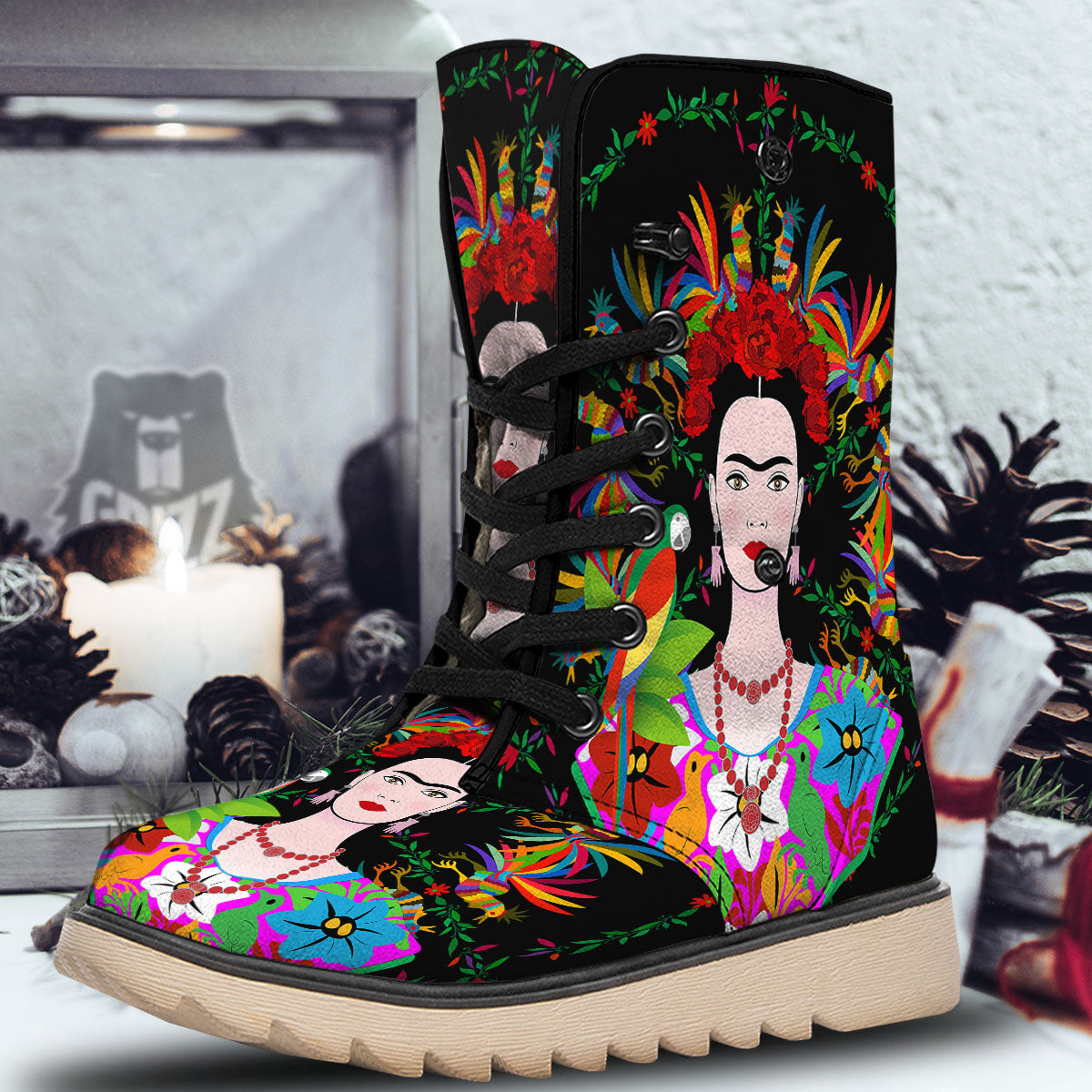 Floral And Frida Kahlo Print Snow Boots-grizzshop