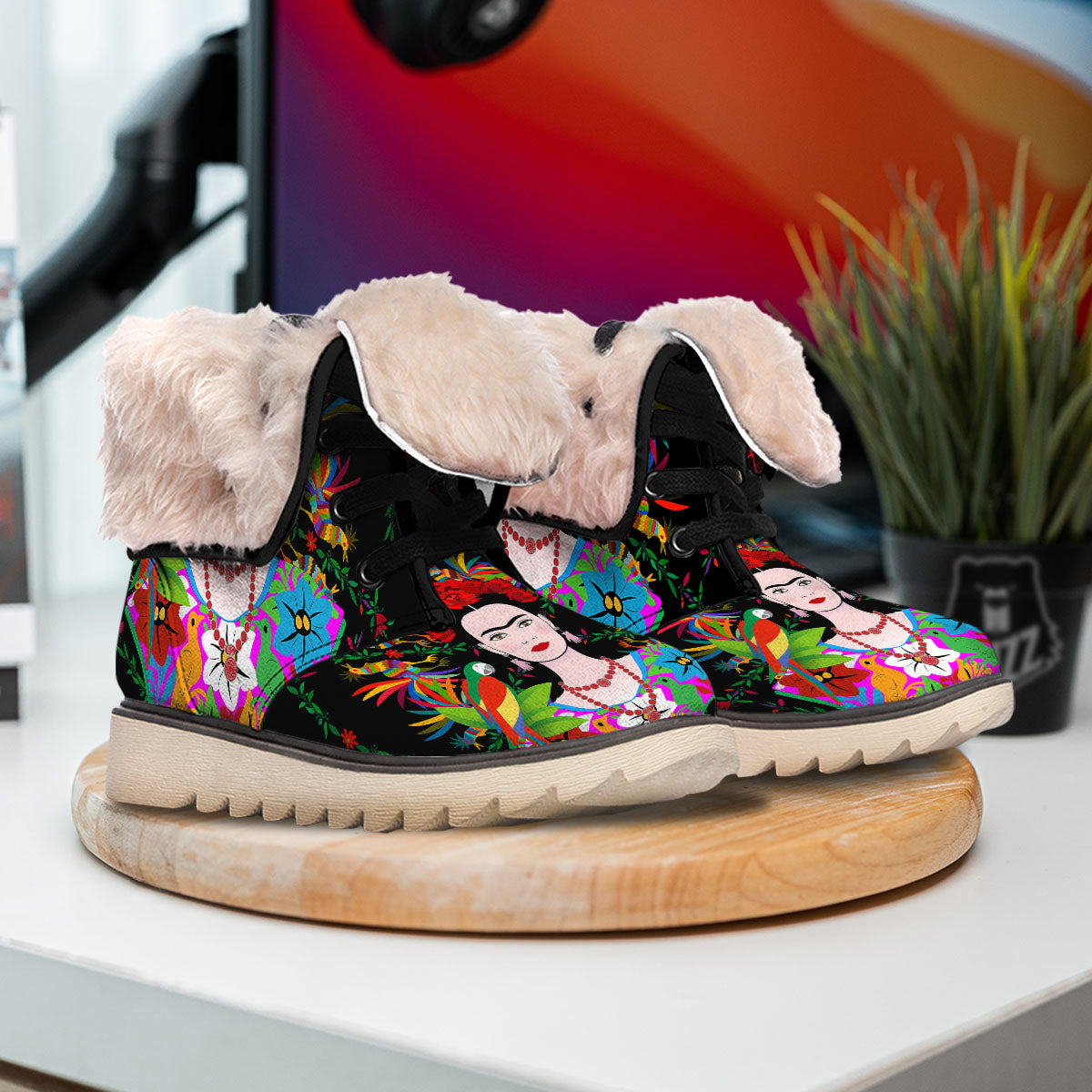 Floral And Frida Kahlo Print Snow Boots-grizzshop