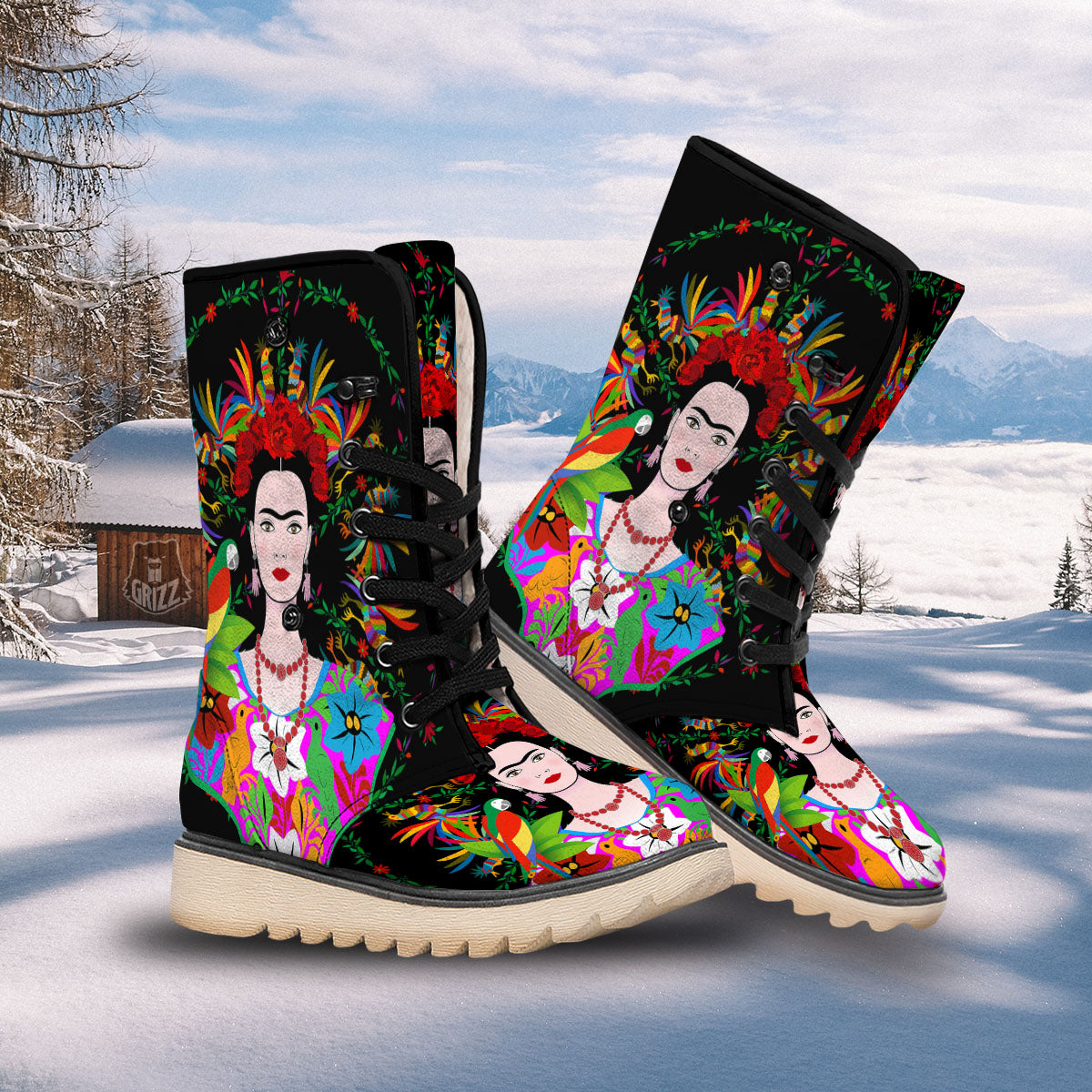 Floral And Frida Kahlo Print Snow Boots-grizzshop
