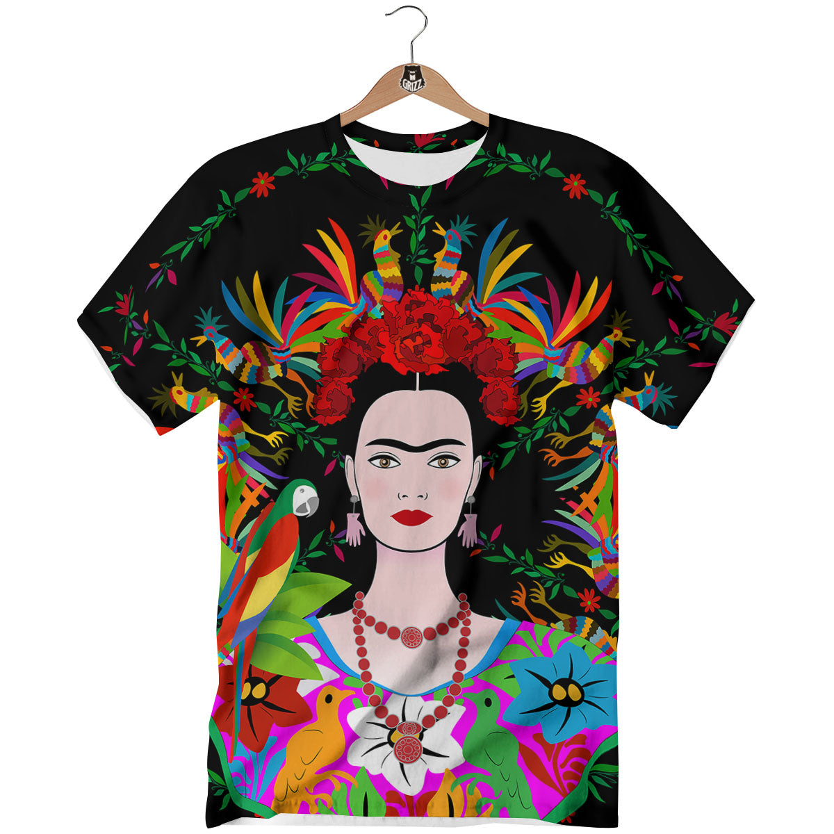 Floral And Frida Kahlo Print T-Shirt-grizzshop