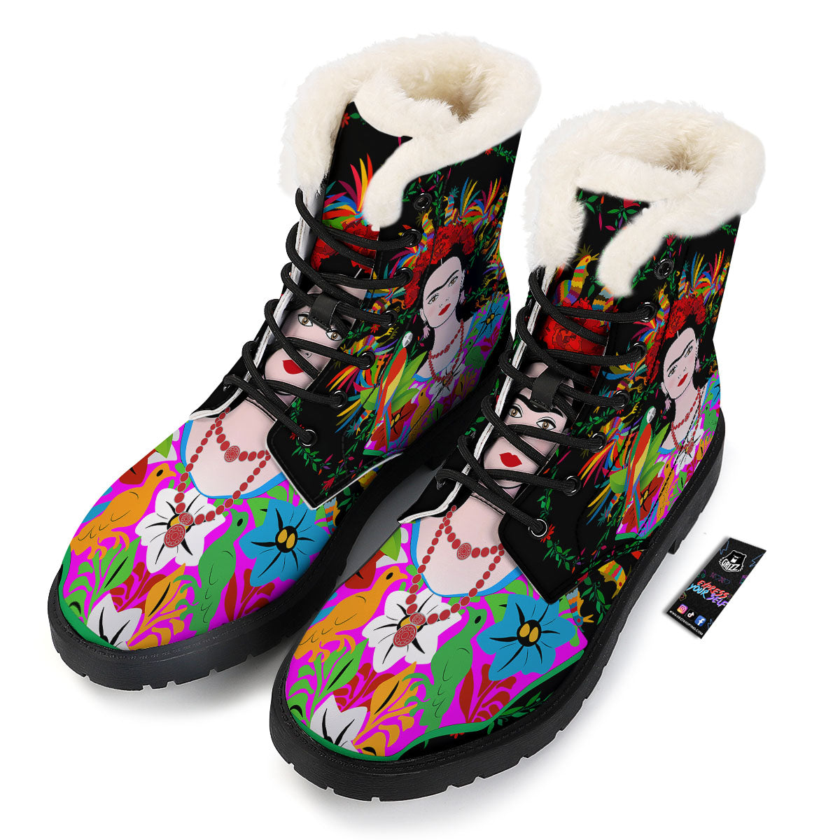 Floral And Frida Kahlo Print Winter Boots-grizzshop