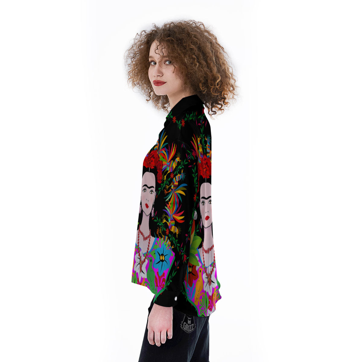 Floral And Frida Kahlo Print Women's Long Sleeve Shirts-grizzshop